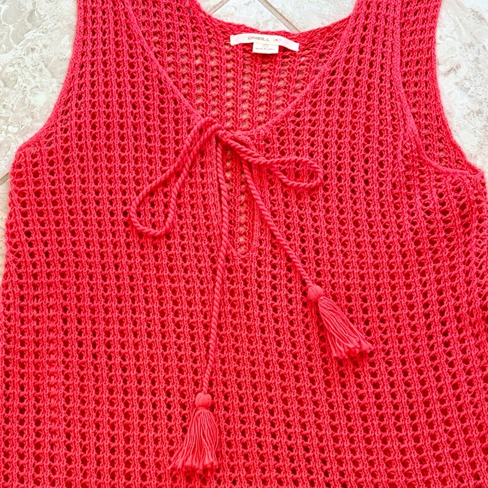 O'Neill Red Crochet Swim Coverup with Tassels, Size XS